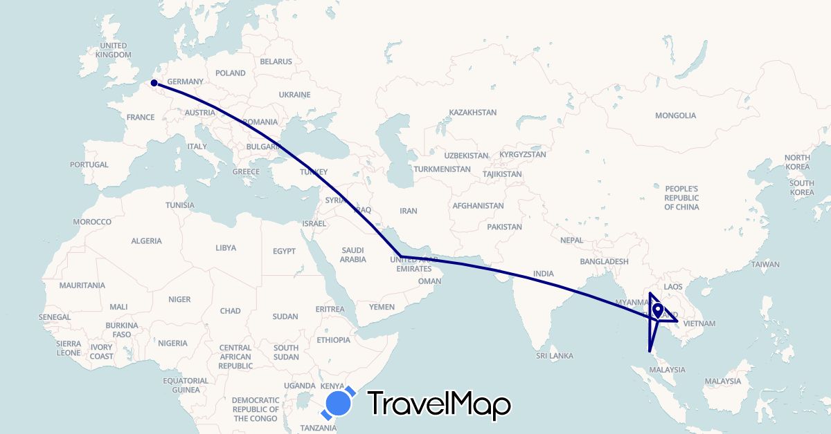 TravelMap itinerary: driving in Belgium, Cambodia, Qatar, Thailand (Asia, Europe)